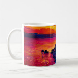 Taza De Café pintura al óleo sobre lienzo. Atardecer sobre la