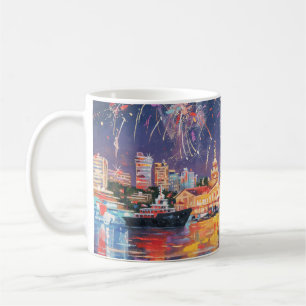 Taza De Café Pintura de aceite en el lienzo del puerto marítimo
