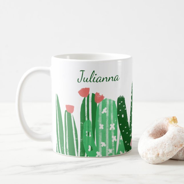 Taza De Café Pintura de Boho Cactus en verde personalizado (Con donut)