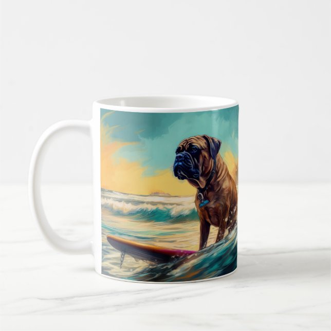 Taza De Café Pintura de Bullmastiff Beach Surfing (Izquierda)