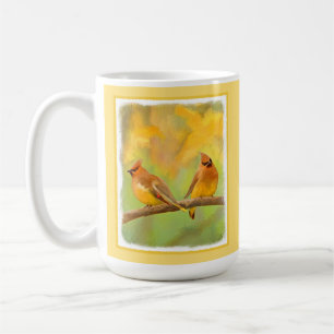 Taza De Café Pintura de cedro Waxwing - Arte de perro original 