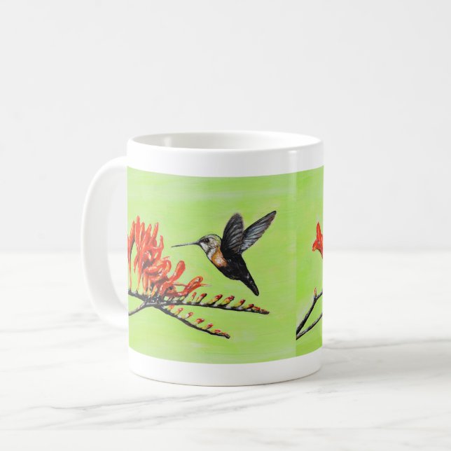Taza De Café Pintura de colibrí y crocosmia (Anverso izquierdo)