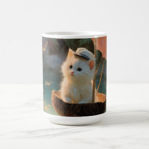 Taza De Café Pintura de gatito blanco esponjoso navegando en co