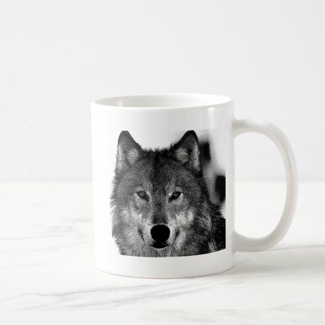 Taza De Café Pintura de Lobo Blanco y Negro (Derecha)