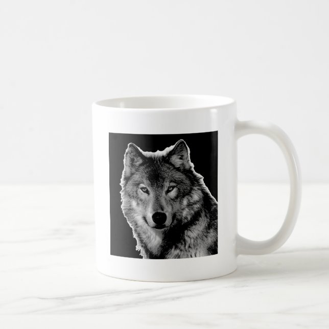 Taza De Café Pintura de Lobo Blanco y Negro (Derecha)