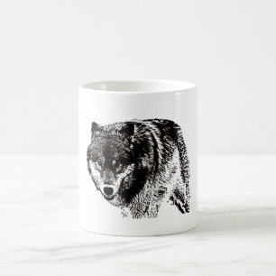 Taza De Café Pintura de Lobo Salvaje en blanco y negro