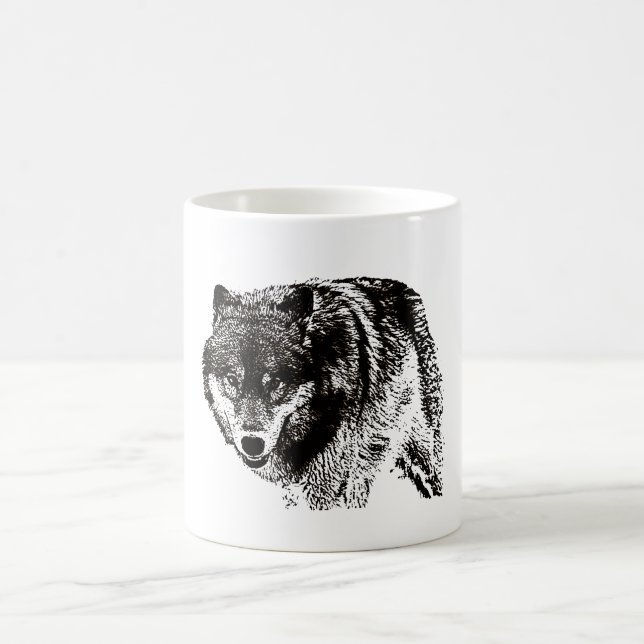 Taza De Café Pintura de Lobo Salvaje en blanco y negro (Centro)