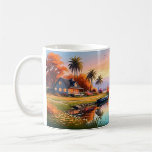 Taza De Café Pintura de puesta de sol en la naturaleza con lago
