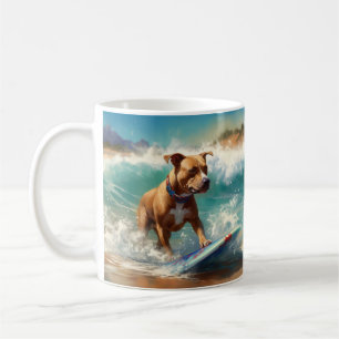 Taza De Café Pintura de surf en la playa del American Staffords