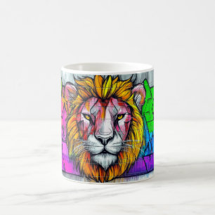 Taza De Café pintura de un león en colores vibrantes y abstract