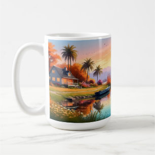Taza De Café Pintura del atardecer en la naturaleza con lago y