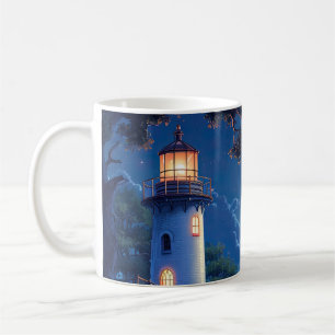 Taza De Café Pintura digital de un faro en la luna