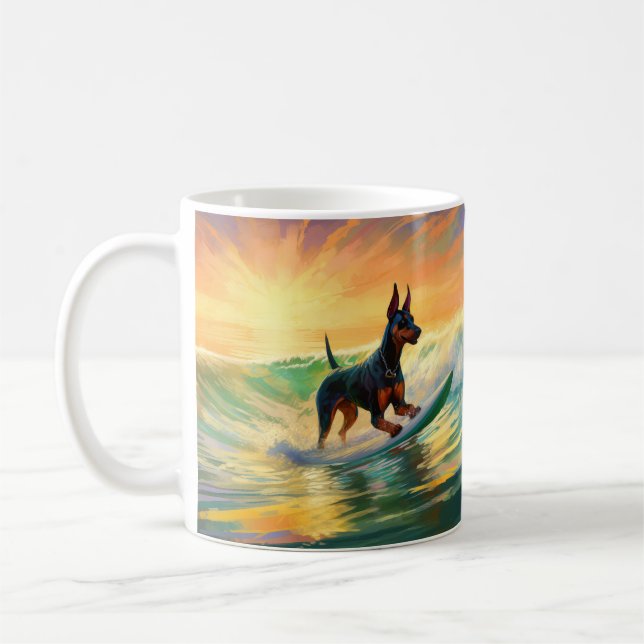 Taza De Café Pintura Doberman Beach Surfing (Izquierda)