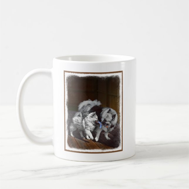Taza De Café Pintura Keeshond Playtime - Arte Perro Original. (Izquierda)