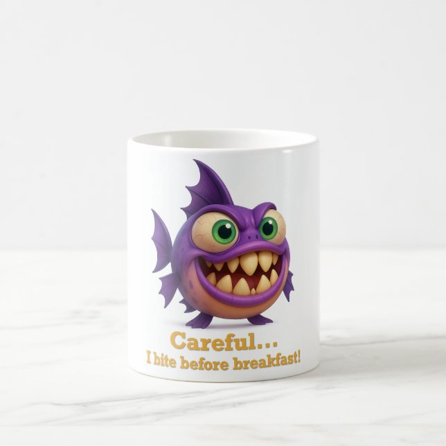 Taza De Café Piraña divertida “Careful… I bite before breakfast (Centro)
