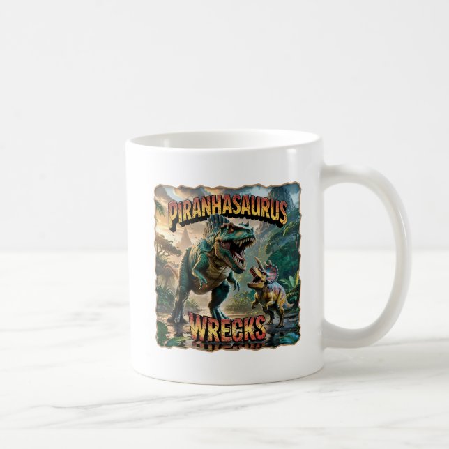 Taza De Café Piranhasaurus Wrecks Illustration – Funny Scary (Derecha)