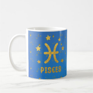 Taza De Café Pisces Zodiac Azul y Oro Astrología Mug