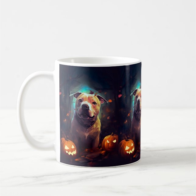 Taza De Café Pitbull De Halloween Con Calabazas Asustadas (Izquierda)