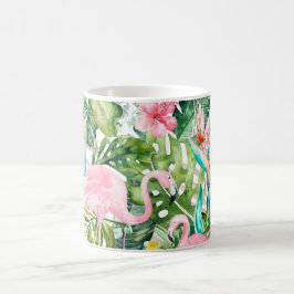 Taza De Café PixDezines Flamencos rosados + Foliage tropical