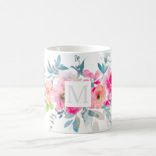 Taza De Café PixDezines MONOGRAMA ACUARELA JARDÍN ROSA ROSADO