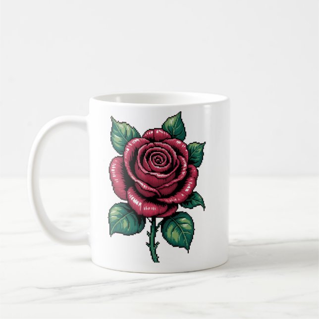 Taza De Café Pixel Rose – Arte Floral Retro (Izquierda)