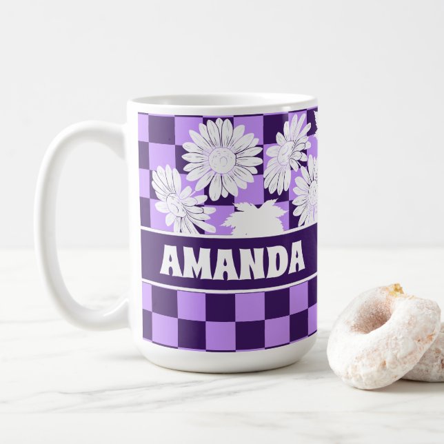 Taza De Café Pizarra de verificación púrpura de flores otoñales (Con donut)