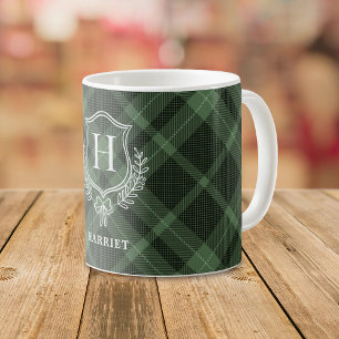Taza De Café Placa verde monograma Tartán inicial