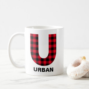 Taza De Café Plaid de Búfalo Rojo Monograma Inicial U Negrita