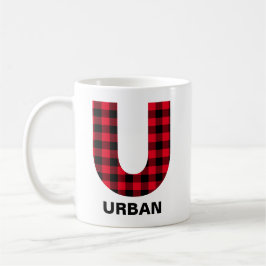Taza De Café Plaid de Búfalo Rojo Monograma Inicial U Negrita