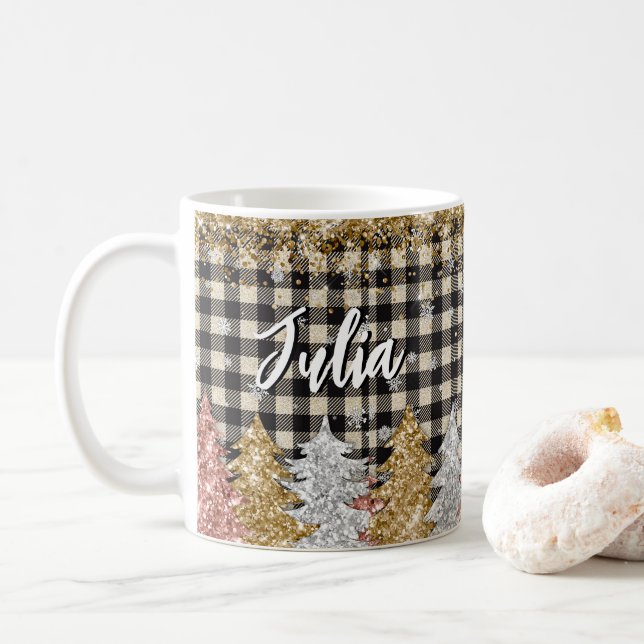 Taza De Café Plaid de Navidad y Brillo con Nombre (Con donut)