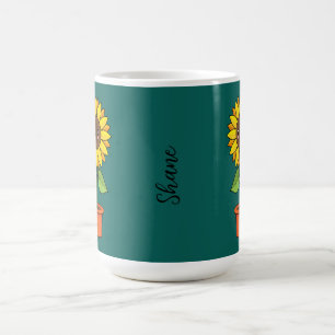 Taza De Café Planta de girasol de Kawaii en una olla Añadir t