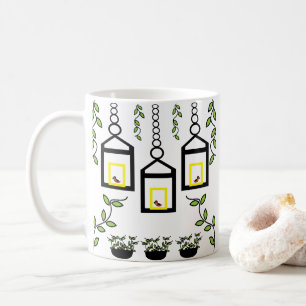 Taza De Café Planta verde Patrón de naturaleza de aves