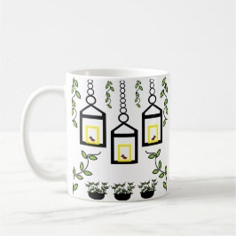 Taza De Café Planta verde Patrón de naturaleza de aves