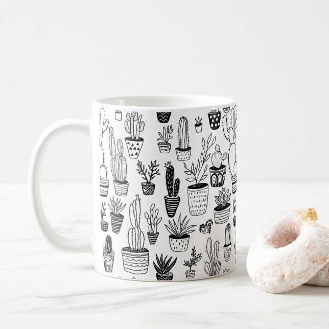 Taza De Café Plantas de Cactus en Macetas Patrón Bonito Blanco  (Con donut)