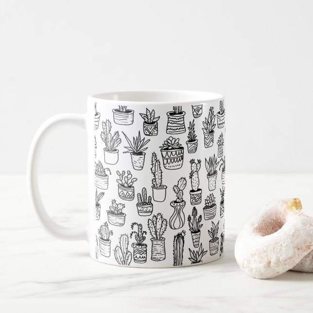 Taza De Café Plantas de Cactus en Macetas Patrón Lindo Negro y  (Con donut)