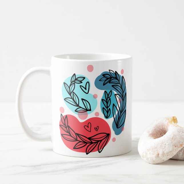 Taza De Café Plantas Resumen Rojo Y Azul (Con donut)