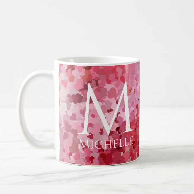 Taza De Café Plantilla de corazones rojos rosados de moda Monog (Izquierda)