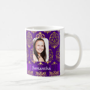 Taza De Café Plantilla de fotografía de damasco morado y dorado