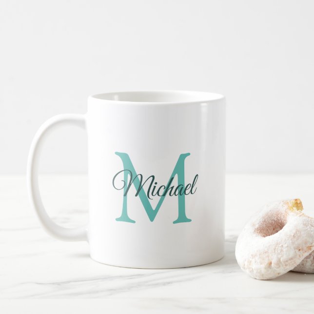 Taza De Café Plantilla de monograma inicial Luz Verde azulada d (Con donut)
