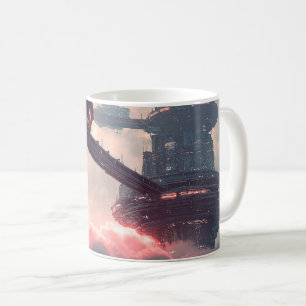 Taza De Café Plataformas futuristas en las nubes al crepúsculo