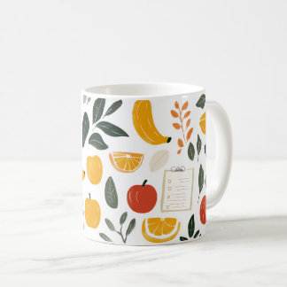 Taza De Café Plátanos, manzanas y rodajas de naranja.