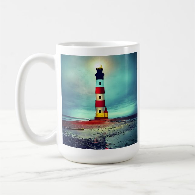 Taza De Café Playa abandonada faro iluminado en ruinas (Izquierda)