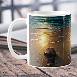 Taza De Café Playa al atardecer con conchas