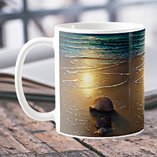 Taza De Café Playa al atardecer con conchas