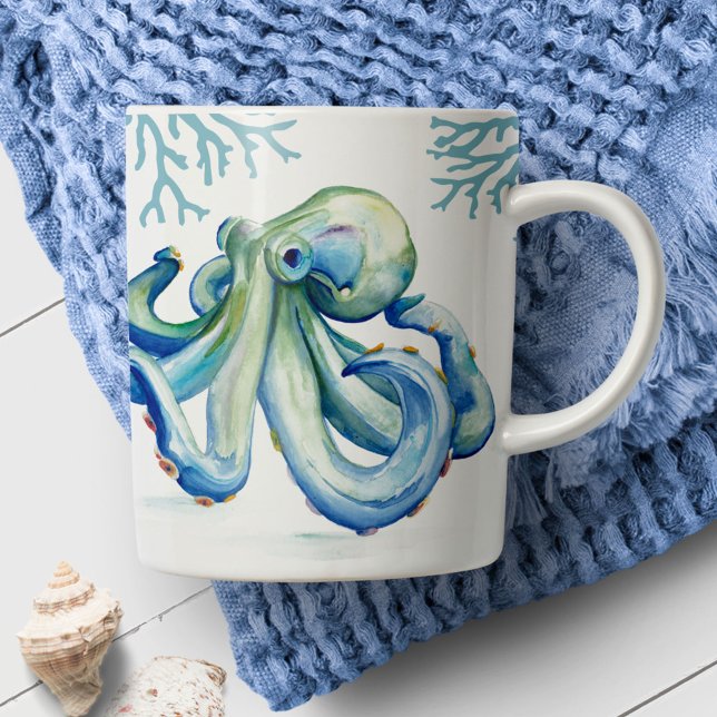 Taza De Café Playa de acuarela de Octopus Azul Costero (Beach-themed coffee mugs feature ocean-inspired art by Victoria Grigaliunas of Do Tell A Belle)