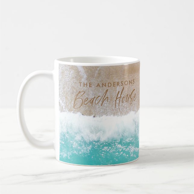 Taza De Café Playa de arena tropical océano olas soleadas casa  (Izquierda)