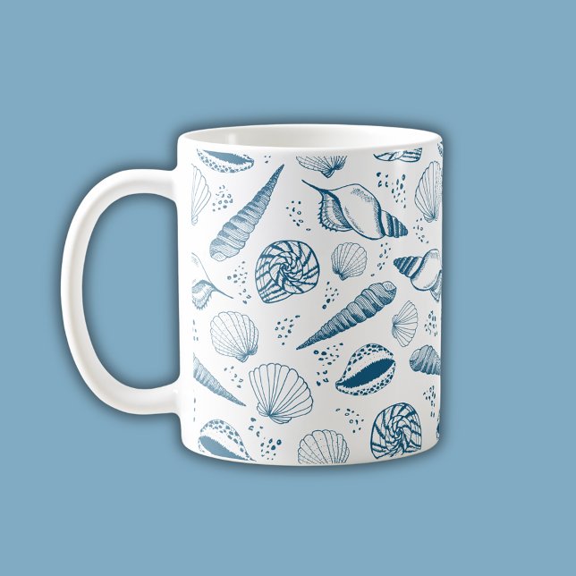 Taza De Café Playa de Seashell Blue White (Coastal chic blue seashell nautical beach vibe coffee mug)