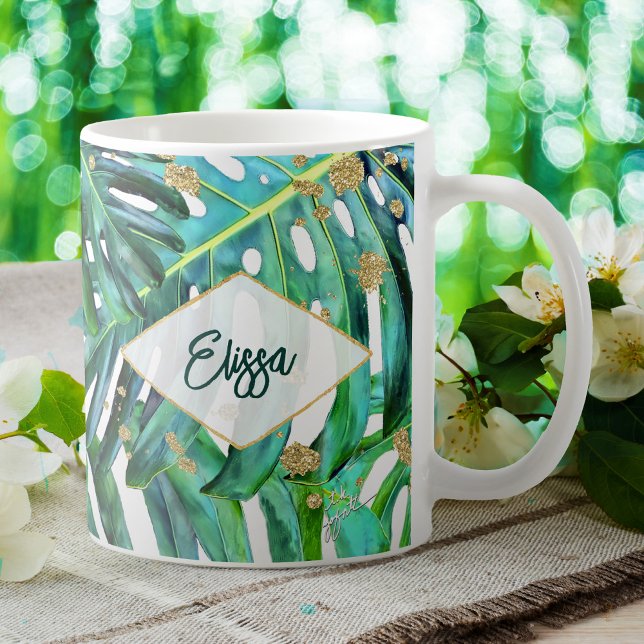 Taza De Café Playa Purpurina Tropical Leaf Gold (Subido por el creador)
