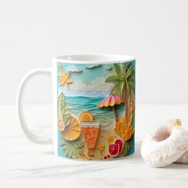 Taza De Café Playa Tropical Impresa Con Aspecto 3D (Con donut)