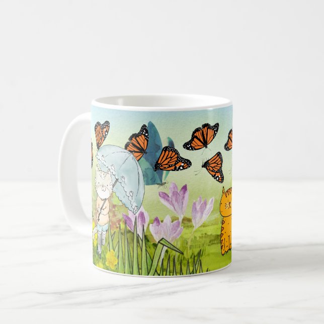 Taza De Café Playful Nature Scene con gato y mariposa (Anverso izquierdo)